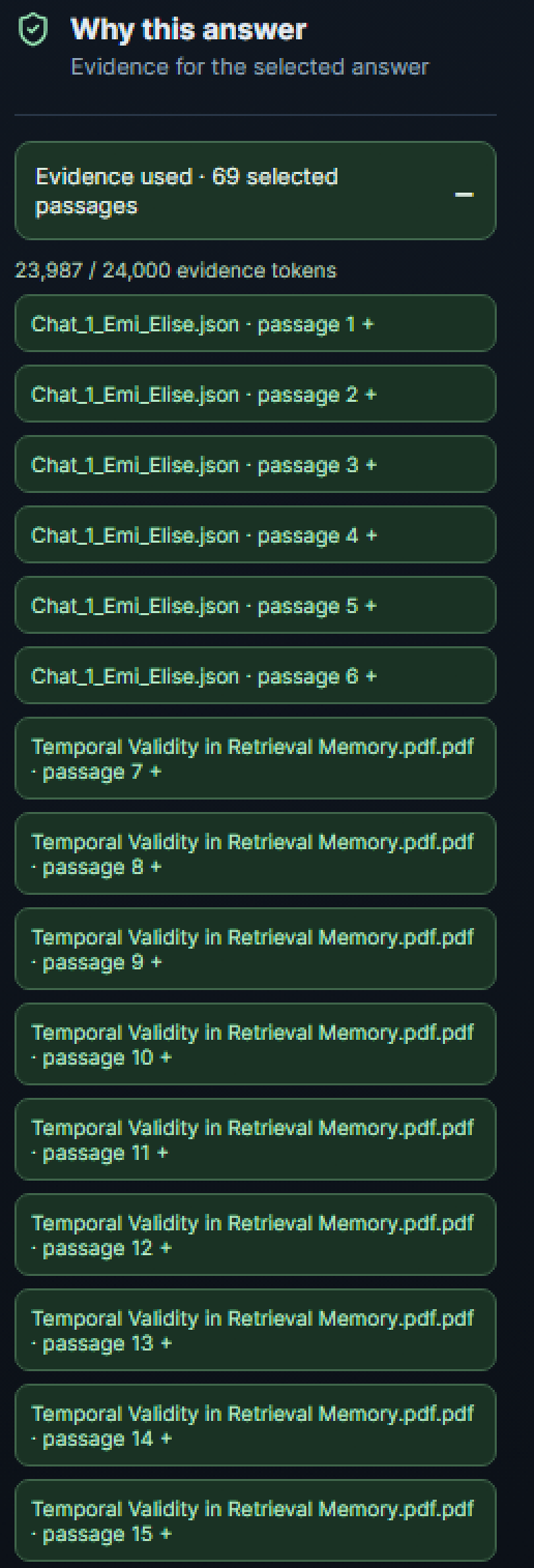 Why this answer opened, with 23,987 of 24,000 evidence tokens and the selected passages listed.